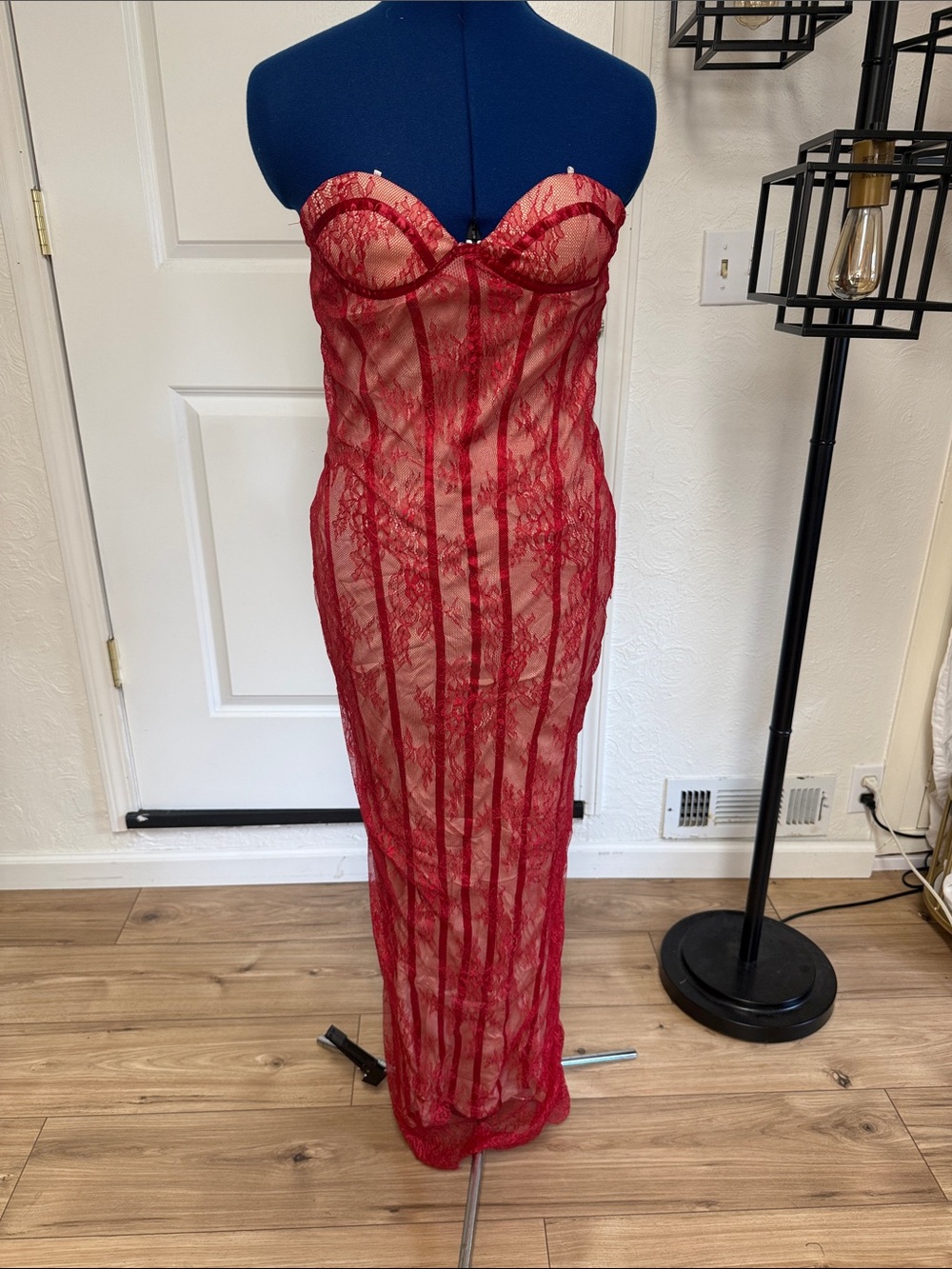 Strapless Red Lace Sheer Slip Dress